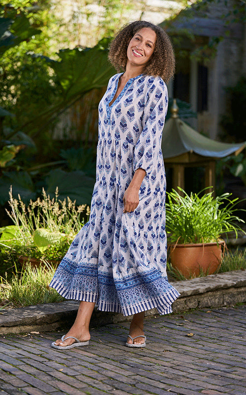 India Block Print Indian Cotton Loose Tiered Dress - Blue & White