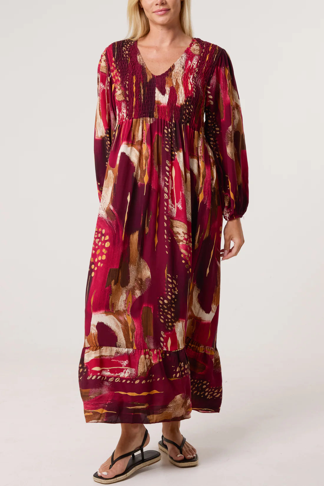 Elizabeth Ruched Bodice Midaxi Dress With Long Sleeves - Blues Or Burgundy Wine