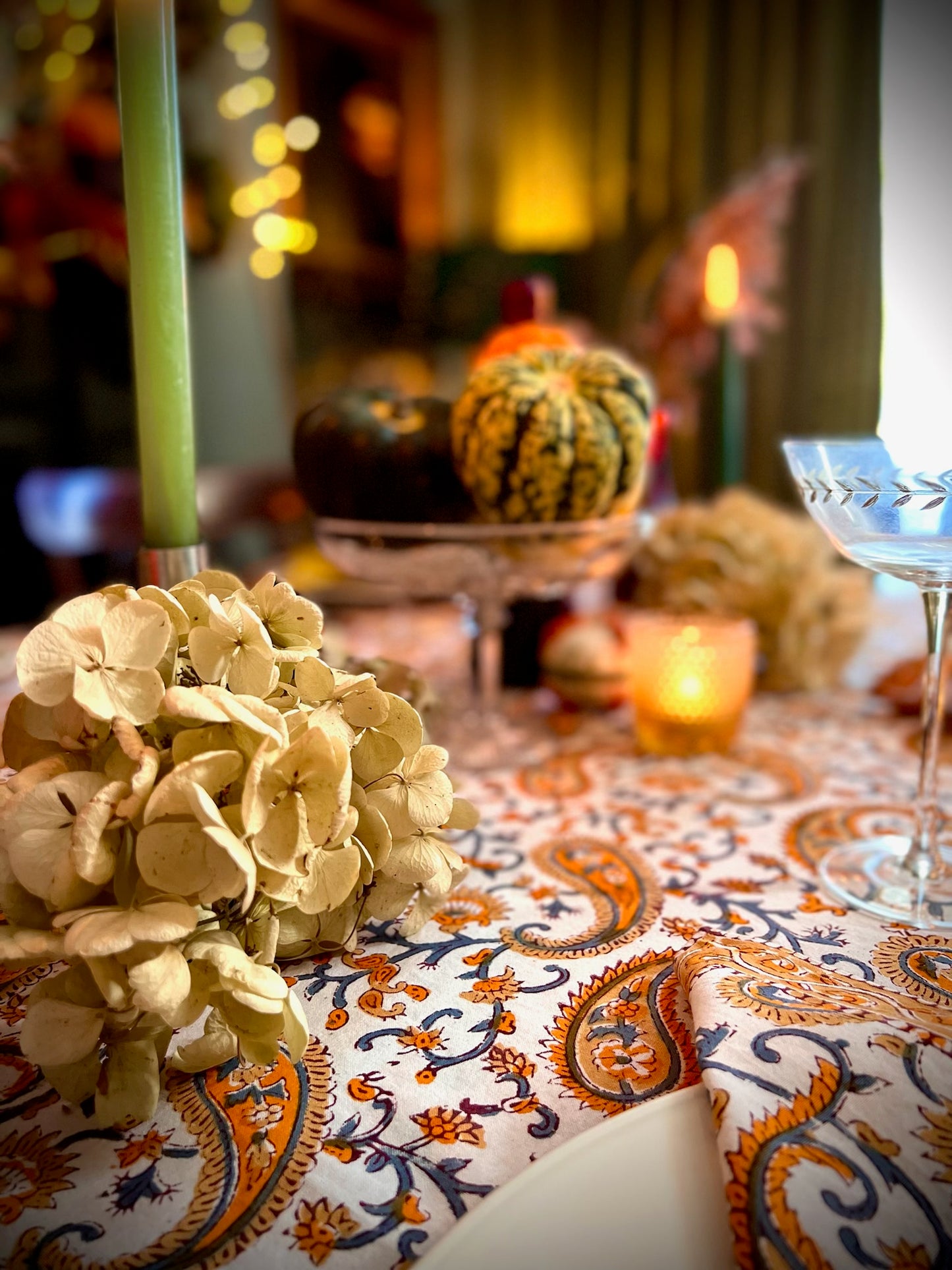 Autumn Spice Hand Block Printed Cotton Tablecloth