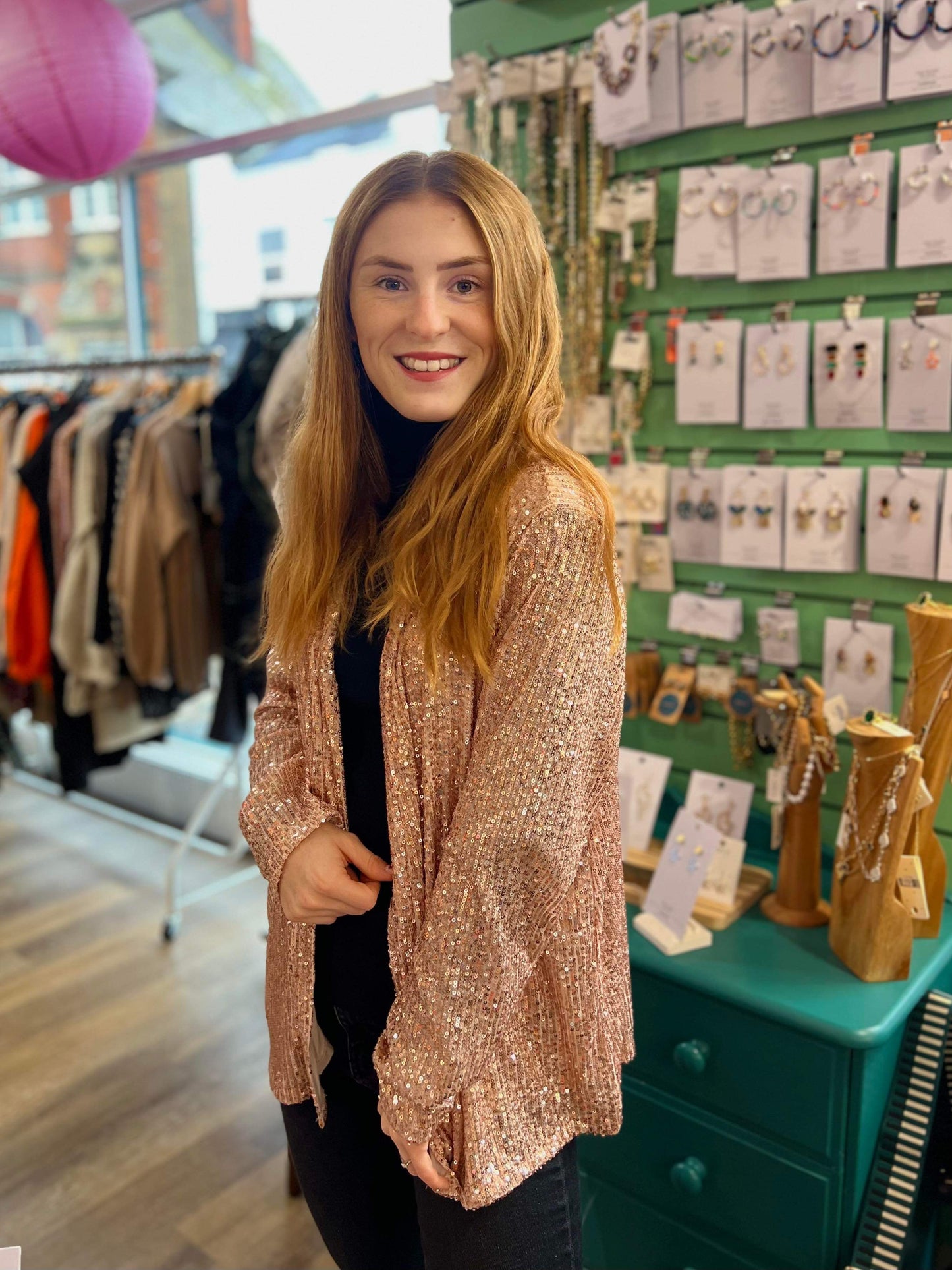 Roxy Sequin Cardigan Jacket - Rose Gold
