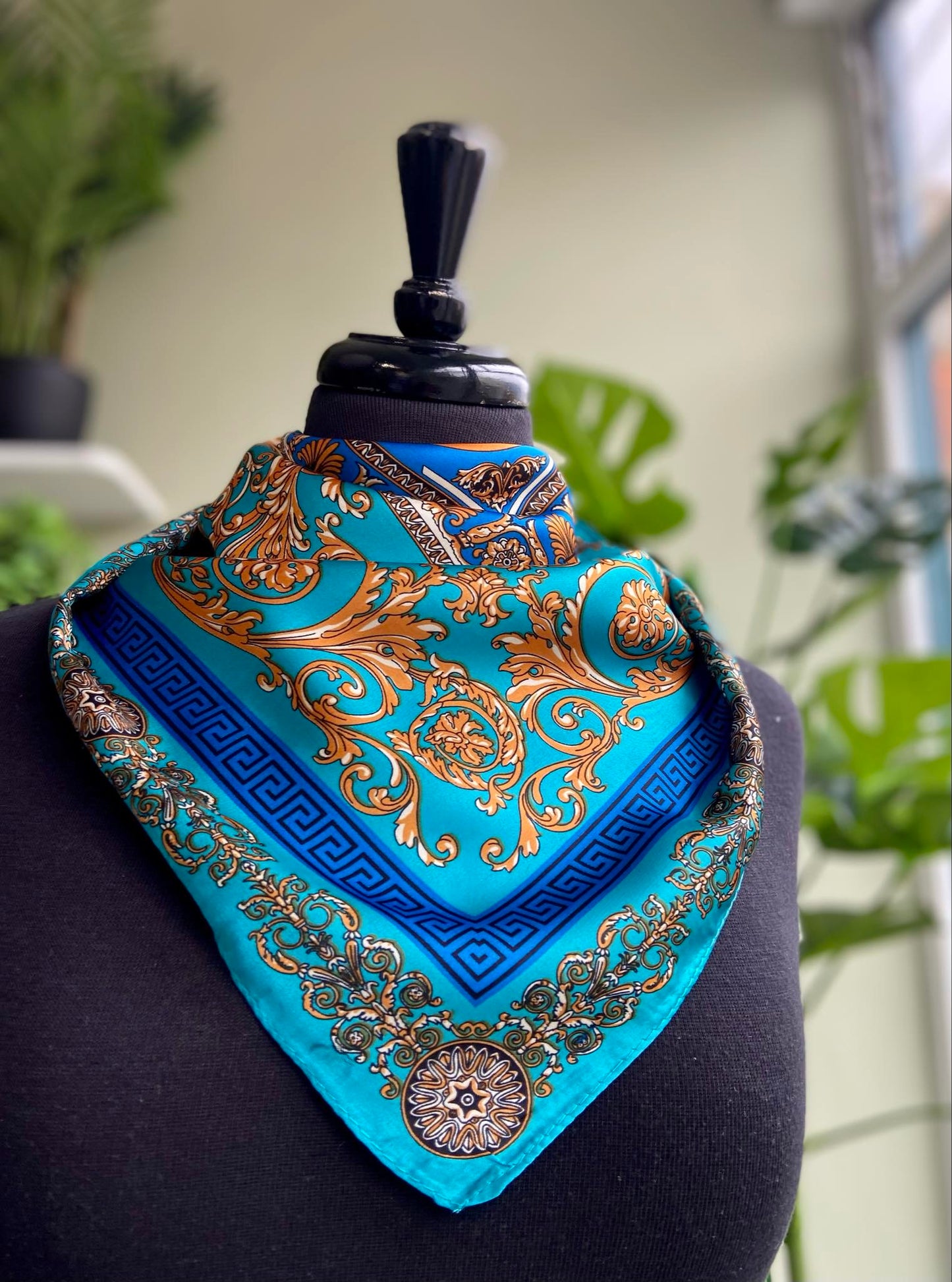 Keeva Small Silk Mix Square Scarf - Teal Baroque Print