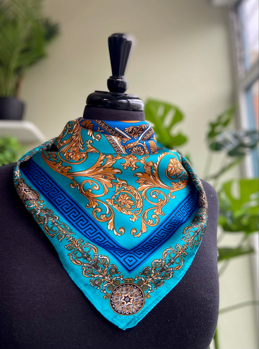 Keeva Small Silk Mix Square Scarf - Teal Baroque Print