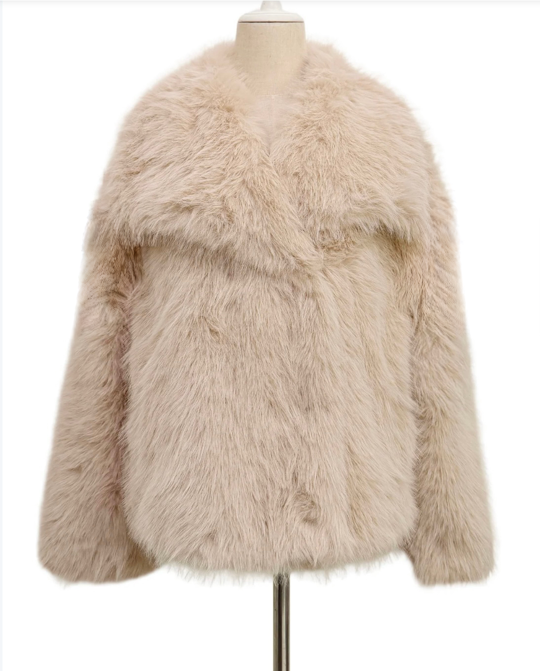 Isla Luxe Faux Fur Jacket With Large Shawl Collar - Taupe Or Cream
