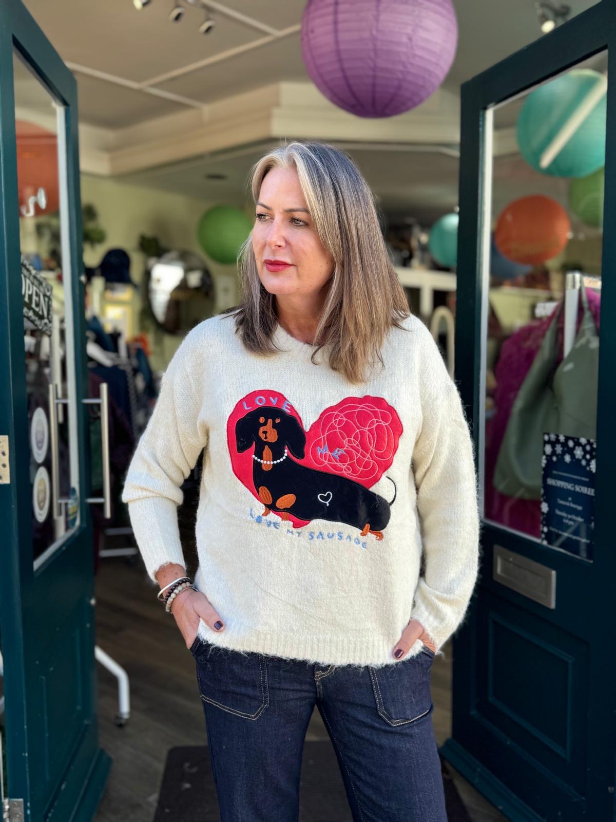 Love Me, Love My Sausage Dachshund Sausage Dog Wool Blend Jumper - Cream