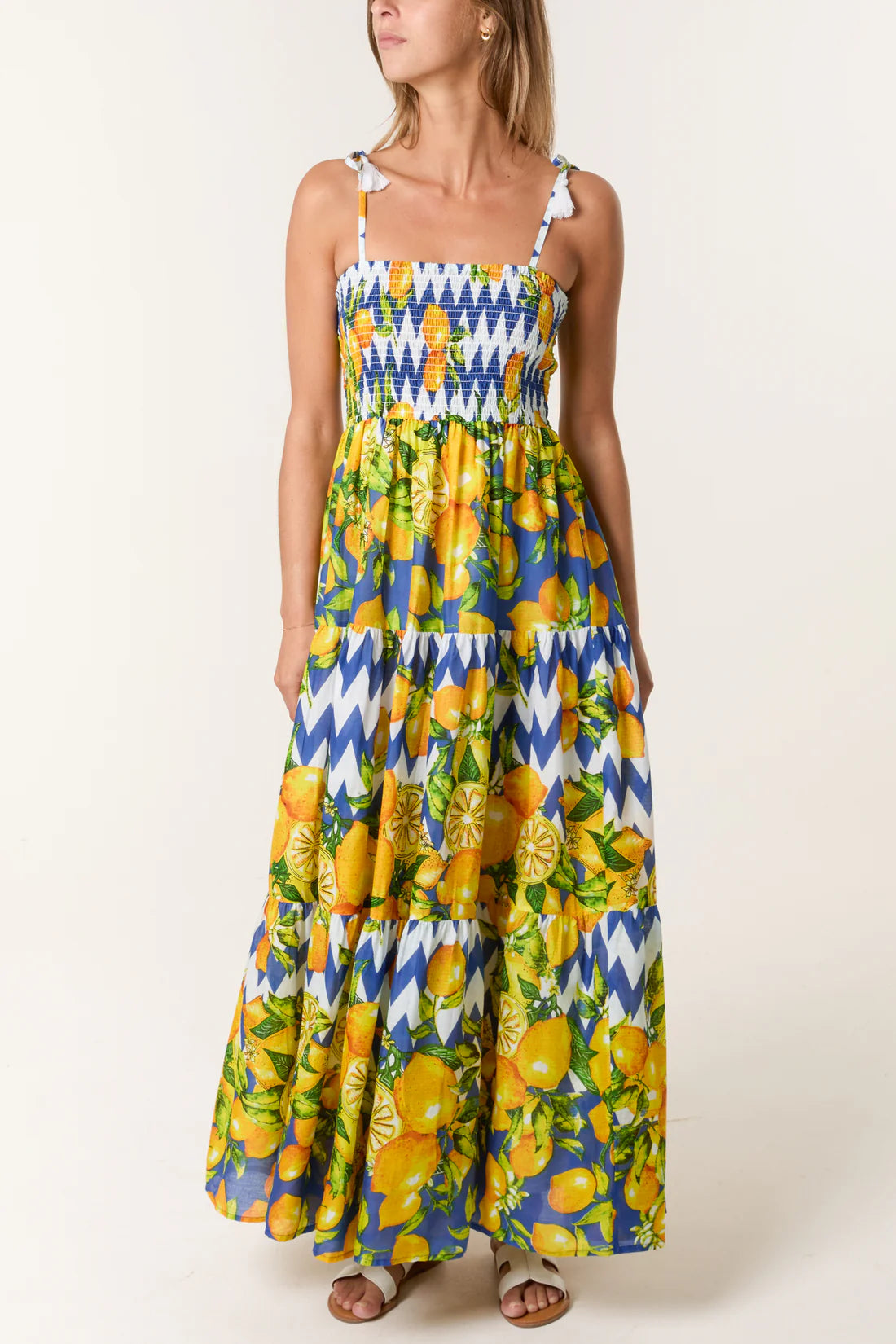 Scala Lemon Print Shirred Bandeau Maxi Sun Dress - Blue & Yellow