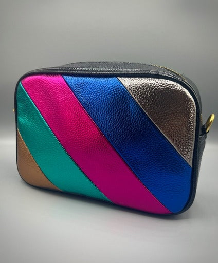 Faux Leather Rainbow Stripe Bag With Lurex Stripe Strap