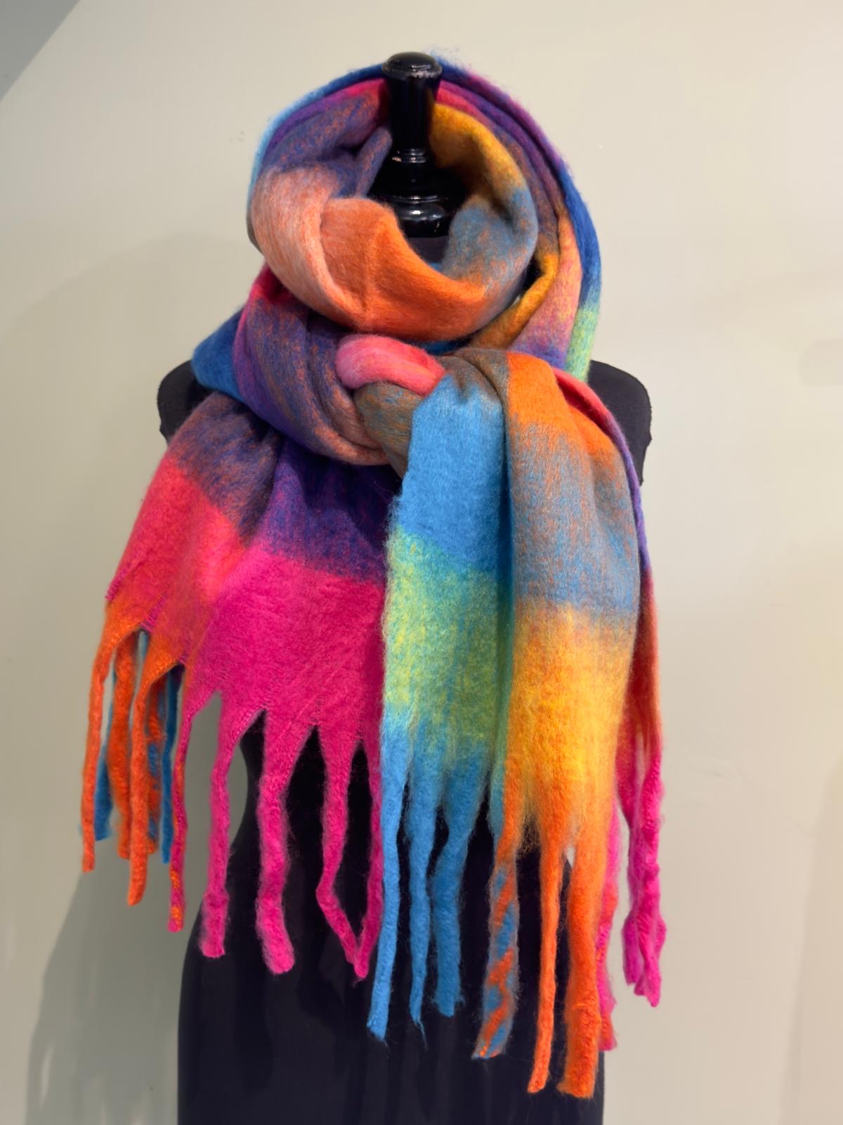 Multicoloured check wool blend large blanket scarf