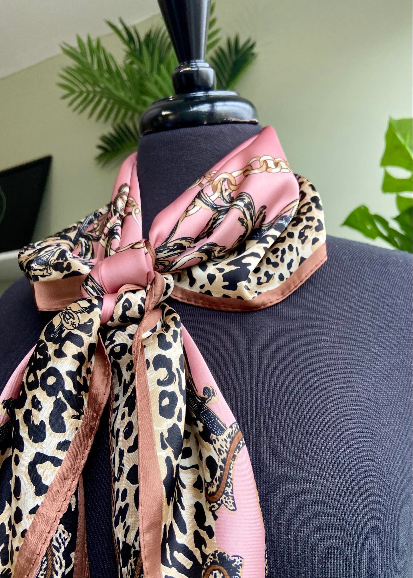 Nanette Small Square Silk Mix Scarf - Pink Leopard & Chain Print