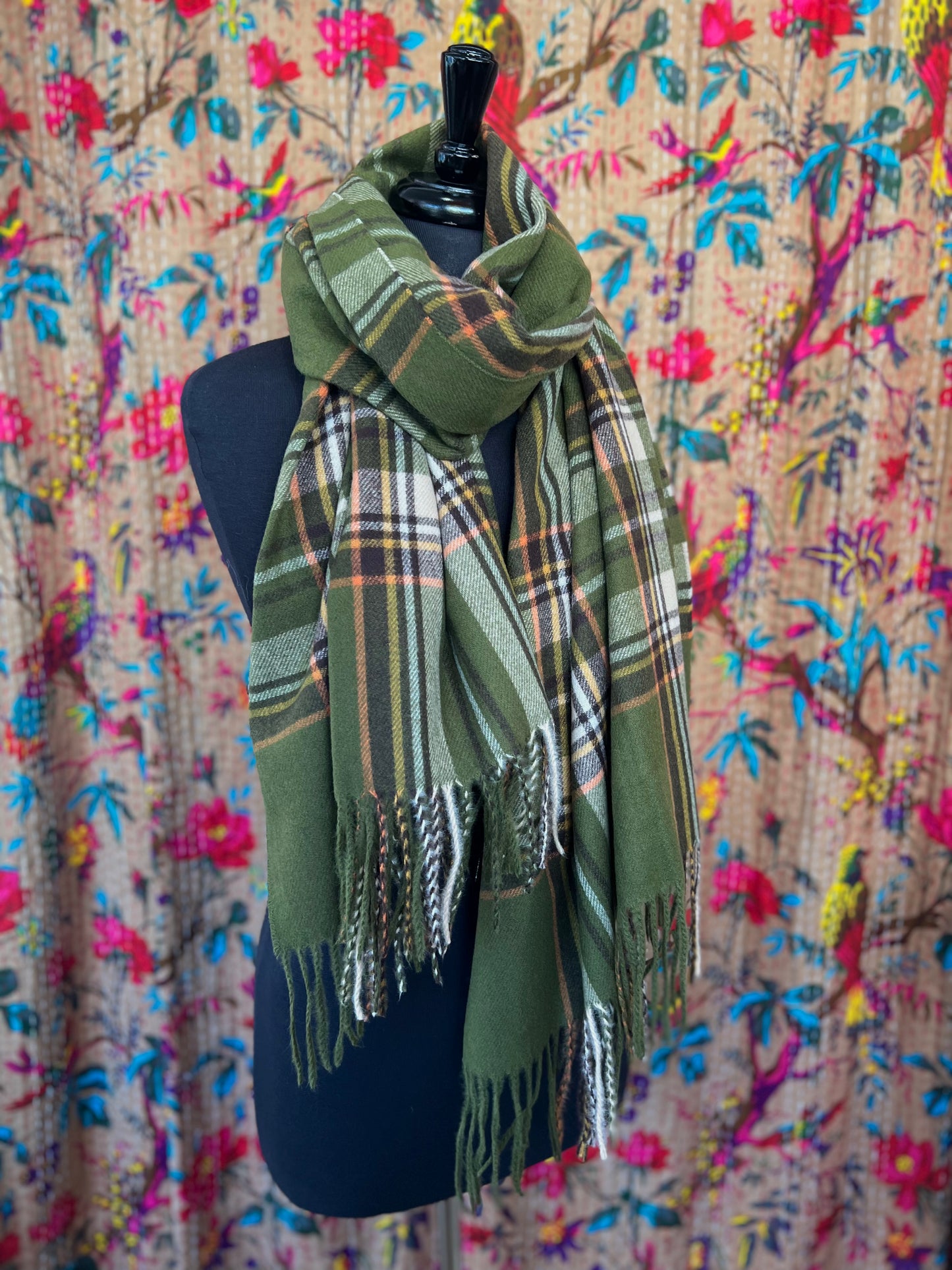 Checked Wool Mix Pashmina Scarf - Warm Khakis