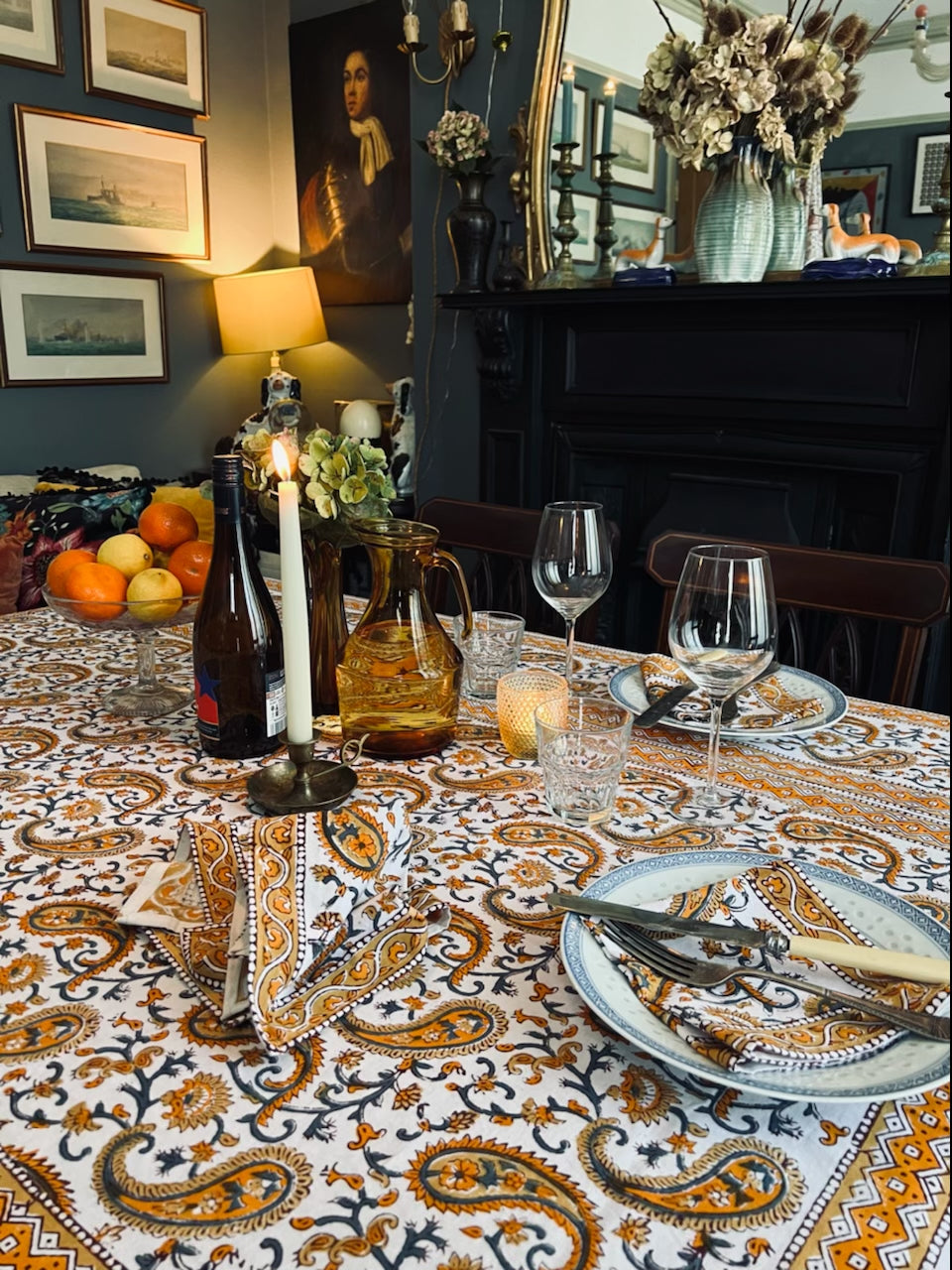 Autumn Spice Hand Block Printed Cotton Tablecloth