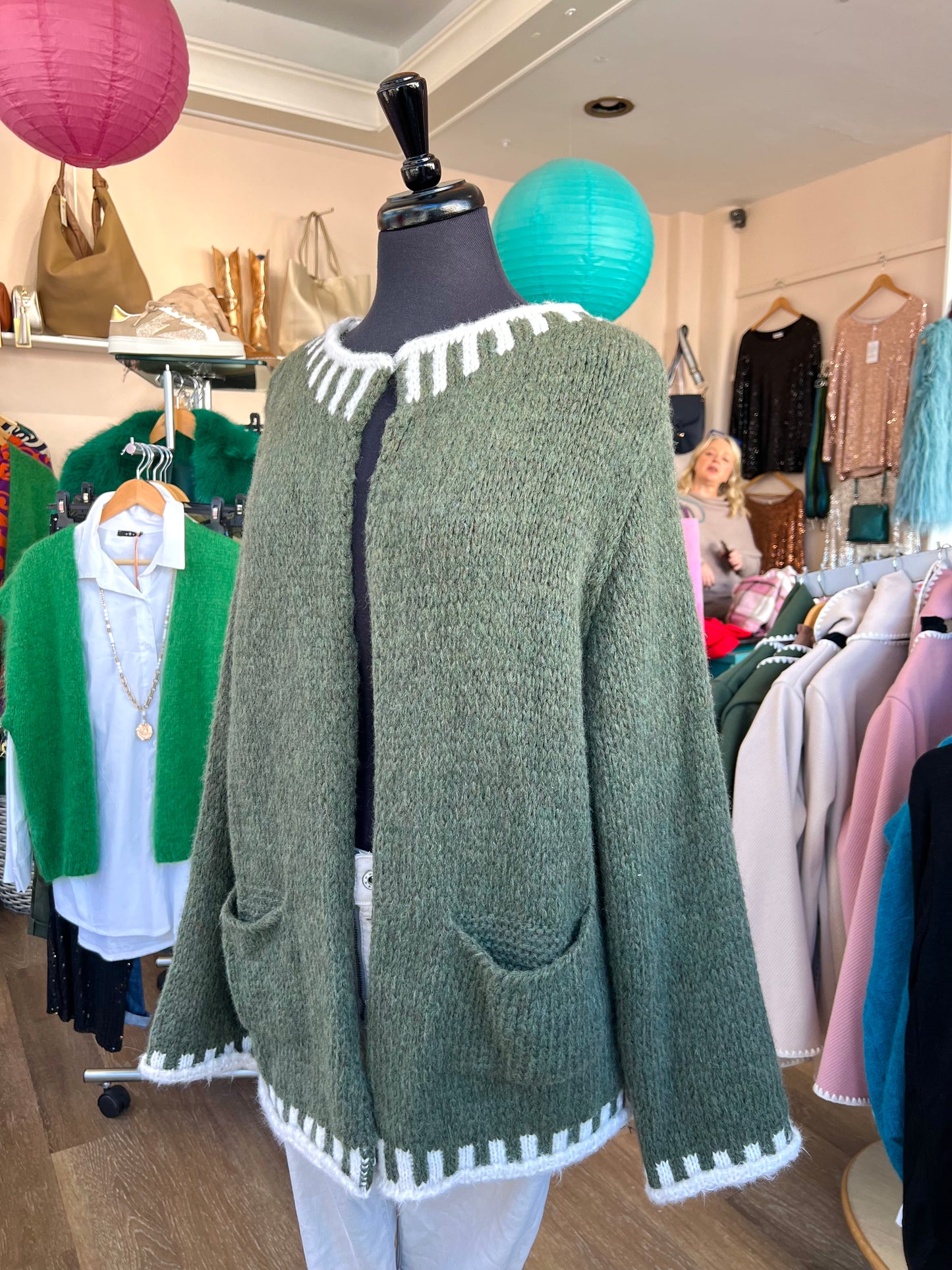 Emilia Contrast Blanket Stitch Round Necked Cardigan - Olive Khaki Green