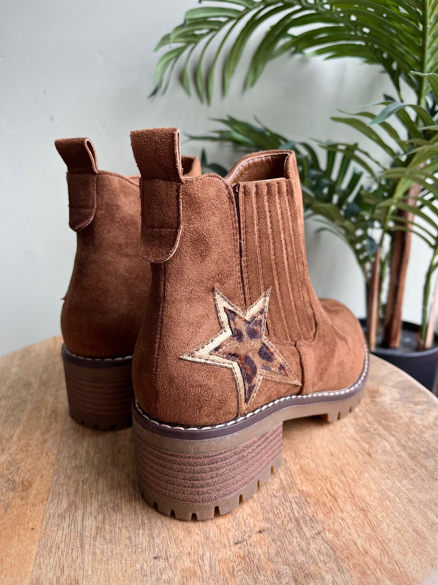 Tan Faux Suede Ankle Boots With Leopard Print Star