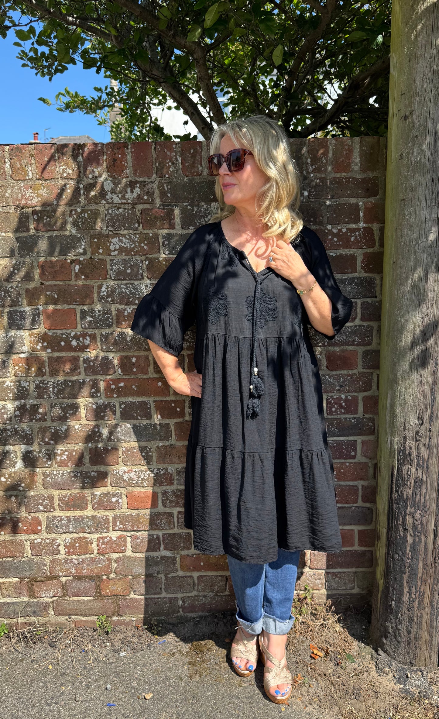 Sylvie Embroidered Smock Tunic Dress With Tassel Ties - Khaki Or Black