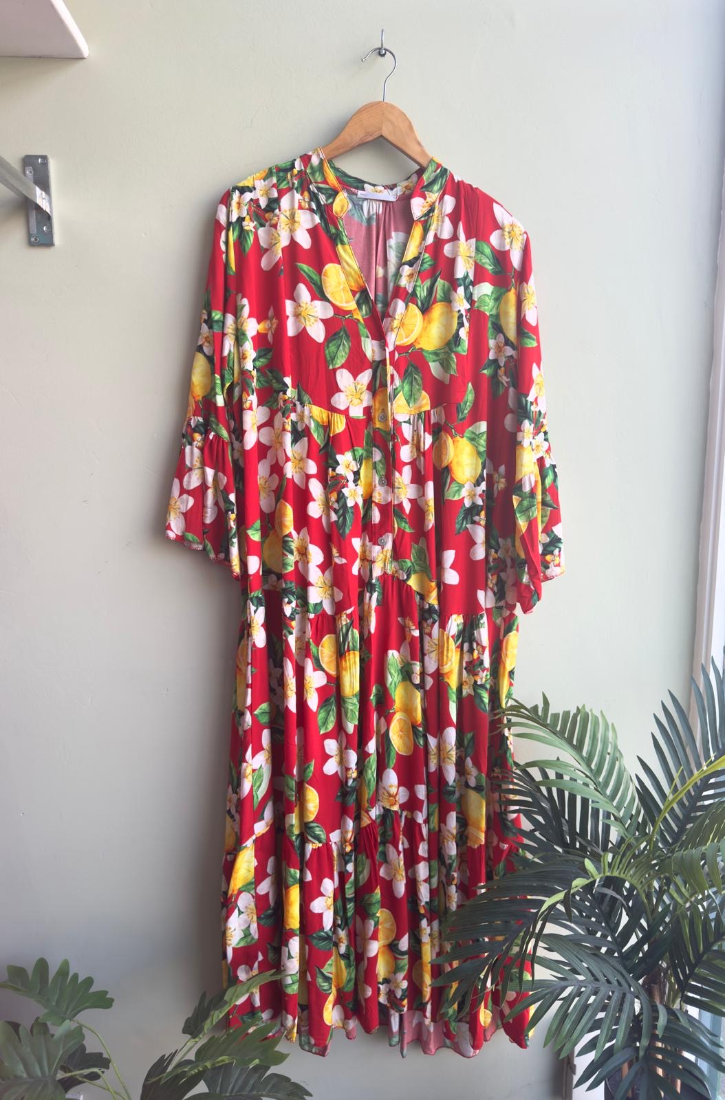 Oranges & Lemons Loose Tiered Midaxi Dress - Red