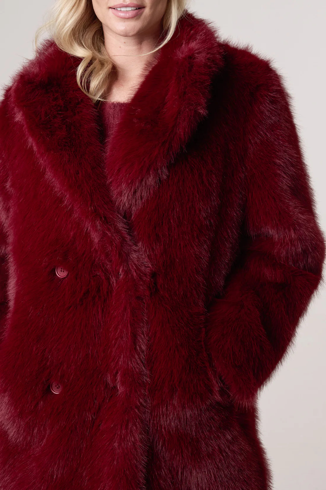 Ella Premium Faux Fur Longline Coat - Burgundy Or Warm Beige