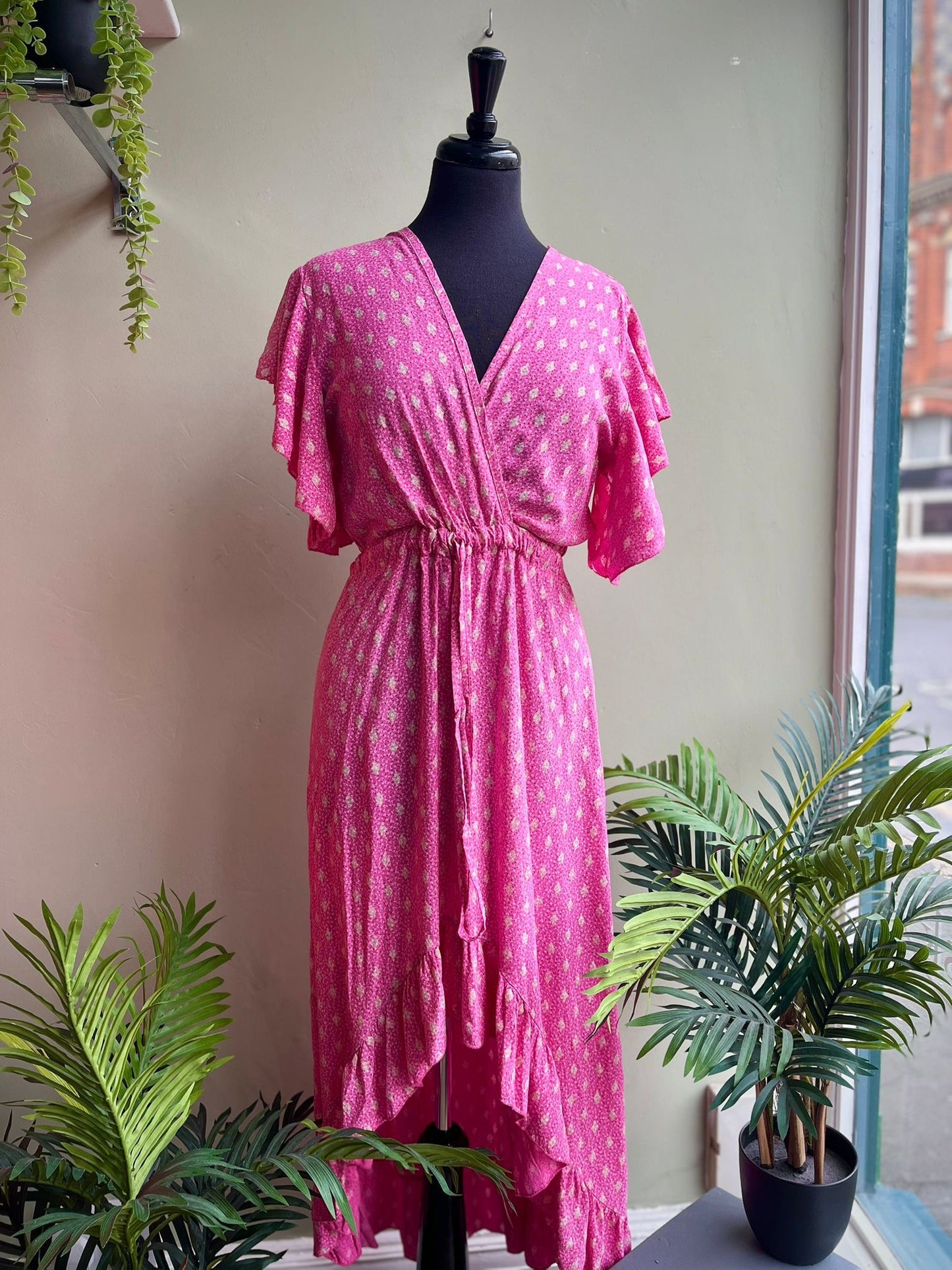 Willow Angel Sleeve Faux Wrap Dress With Hi/Lo Hem - Pink Or Blue Tile Print