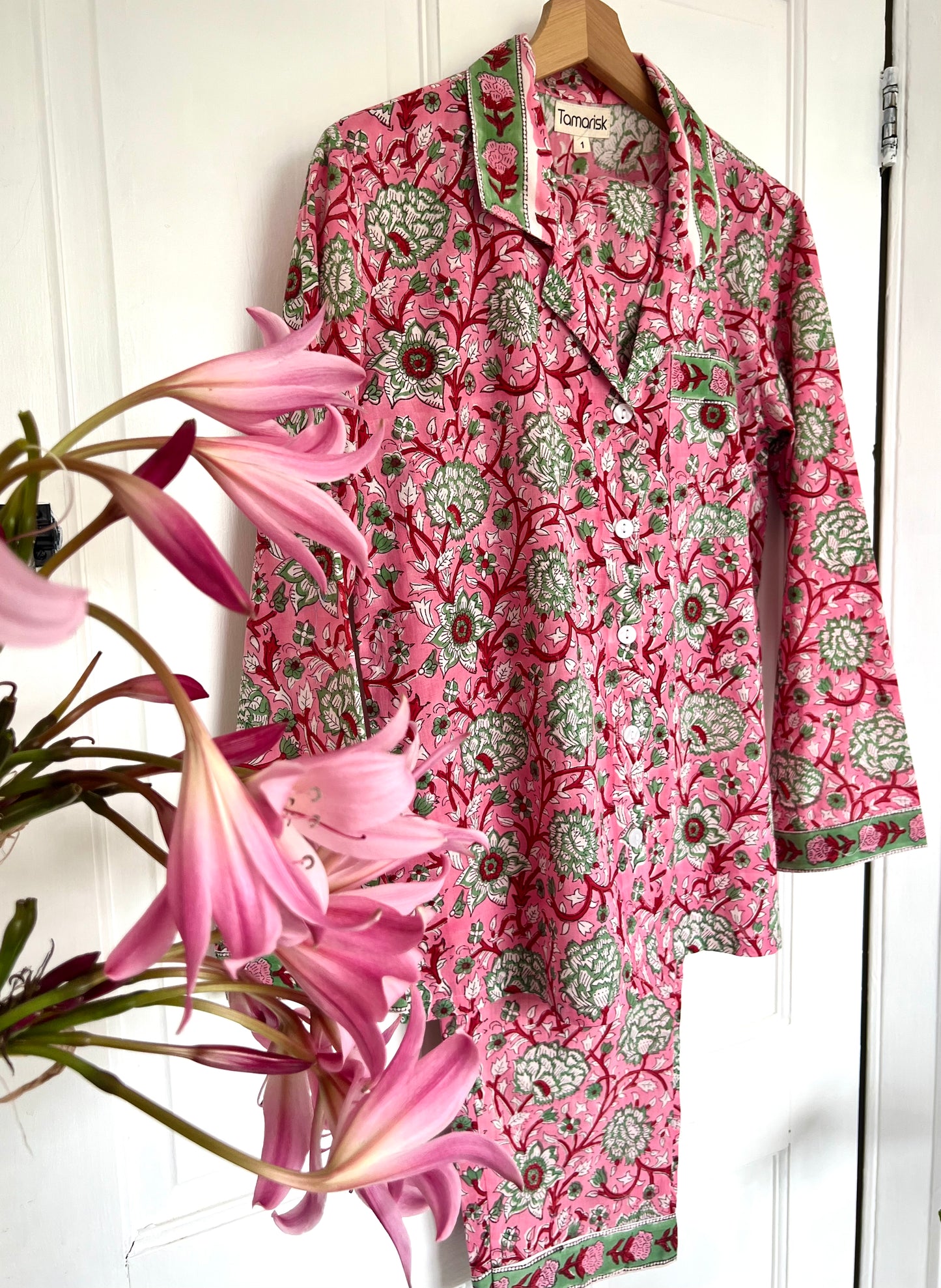 Rosa Hand-Block Printed Indian Cotton Pyjamas - Pink Print
