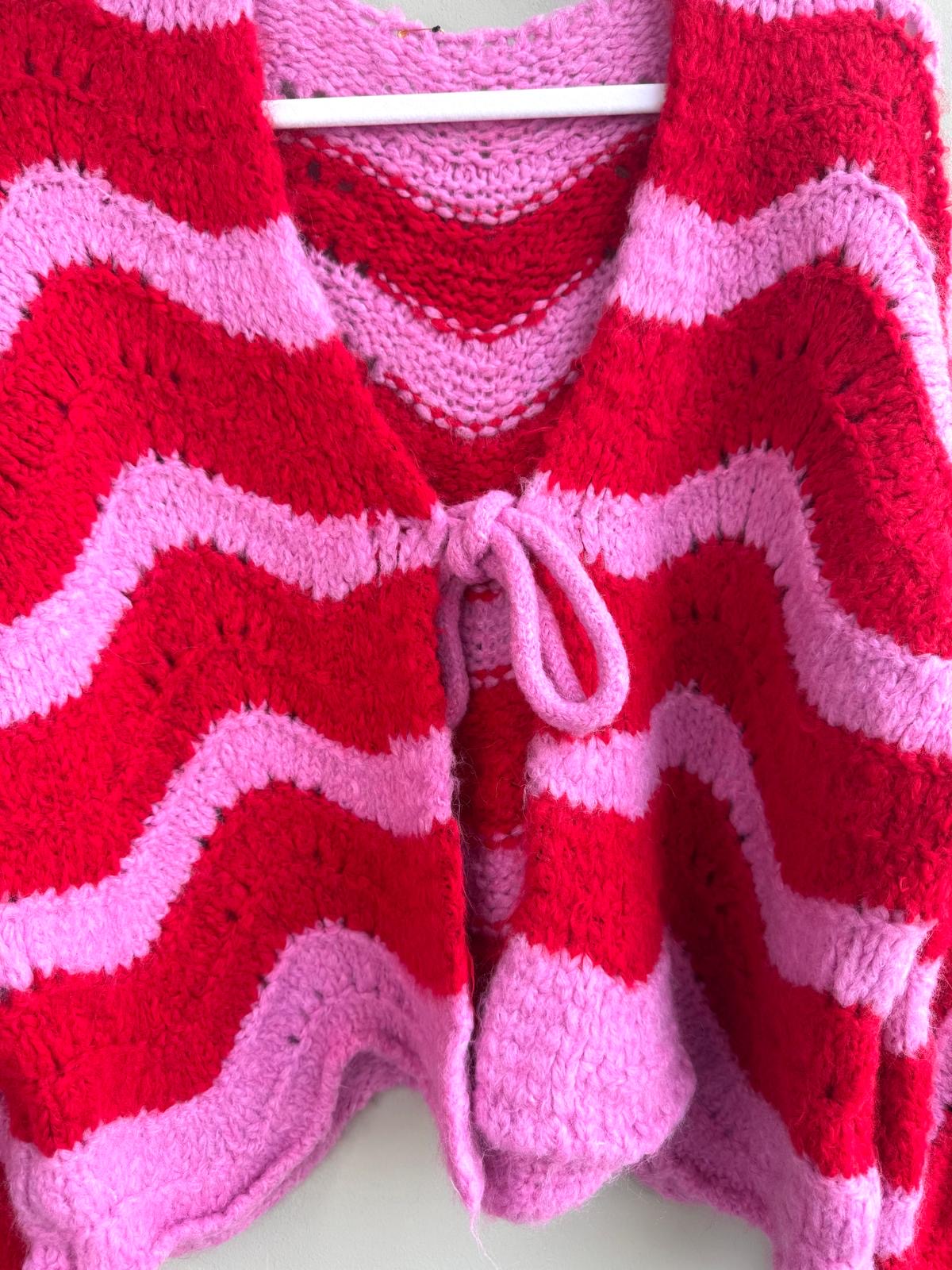 Delilah Chevron Knit Scalloped Edge Pointelle Tie Front Cardigan - Pink & Red