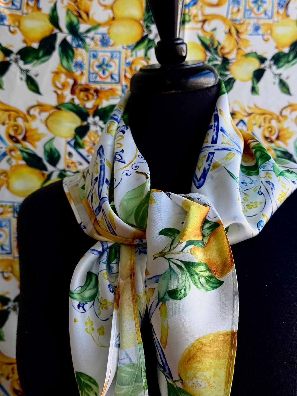 Sorrento Lemon Silky Square Scarf - White, Yellow & Blue