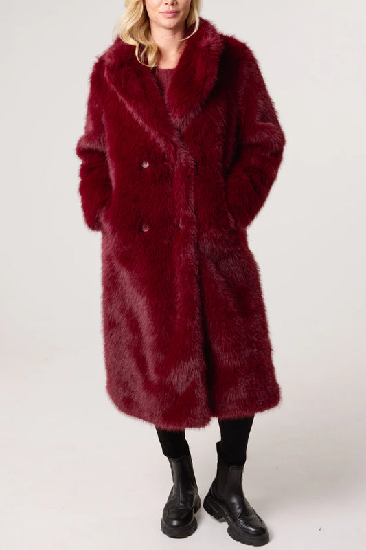 Ella Premium Faux Fur Longline Coat - Burgundy Or Warm Beige