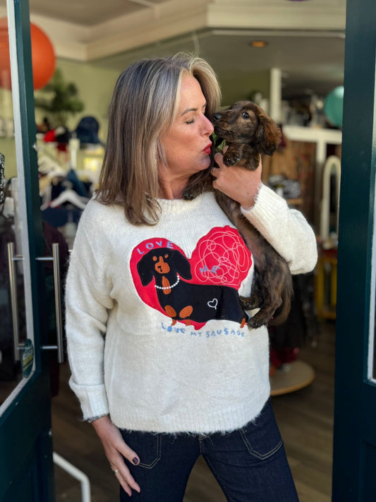 Love Me, Love My Sausage Dachshund Sausage Dog Wool Blend Jumper - Cream