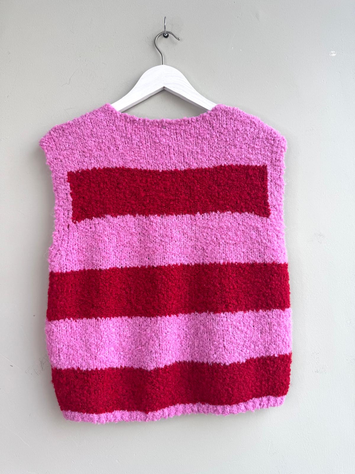Mimi Pink & Red Fluffy Knitted Waistcoat With Large Gold Sun Brooch Fasteners