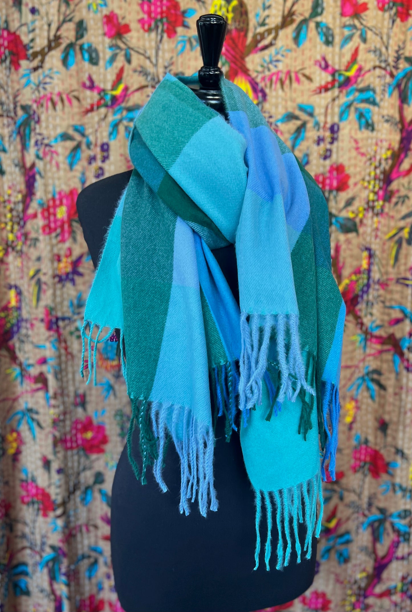 Checked Wool Mix Pashmina Scarf - Sea Green & Blue