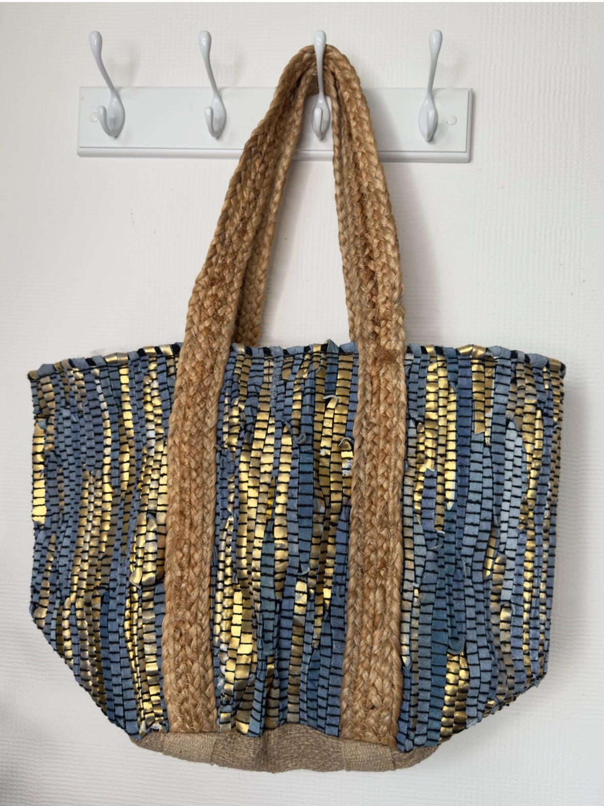 Boho Luxe Leather & Jute Woven Rag Tote Bag