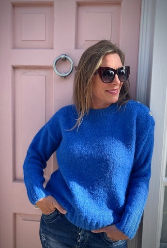 Margot Royal Blue Jumper With Diamante Button Shoulder Detail