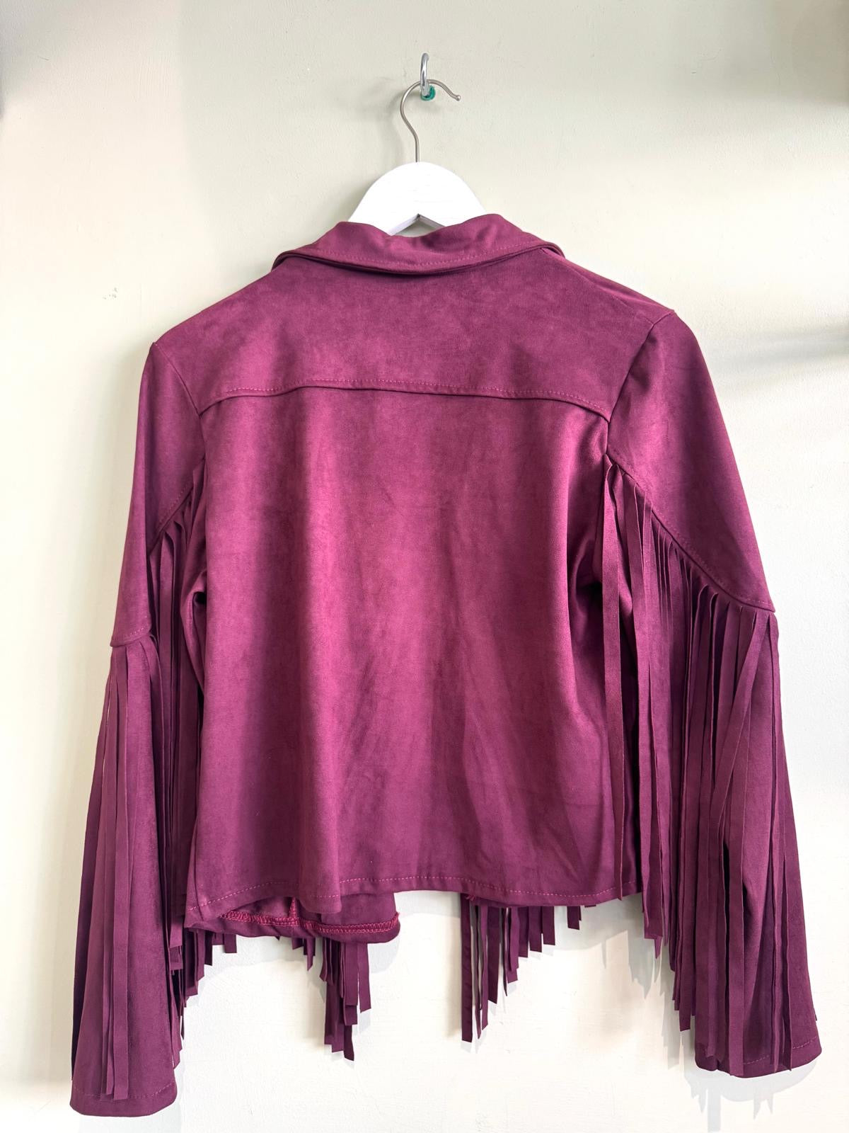 Lauren Boho Faux Suede Fringed Biker Jacket - Tan Brown Or Burgundy Wine