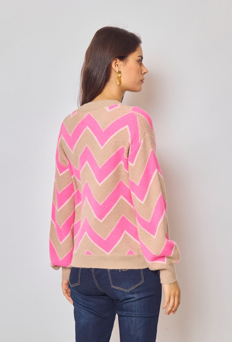 Amelia Zig Zag Soft Knit Cardigan - Pink & Beige
