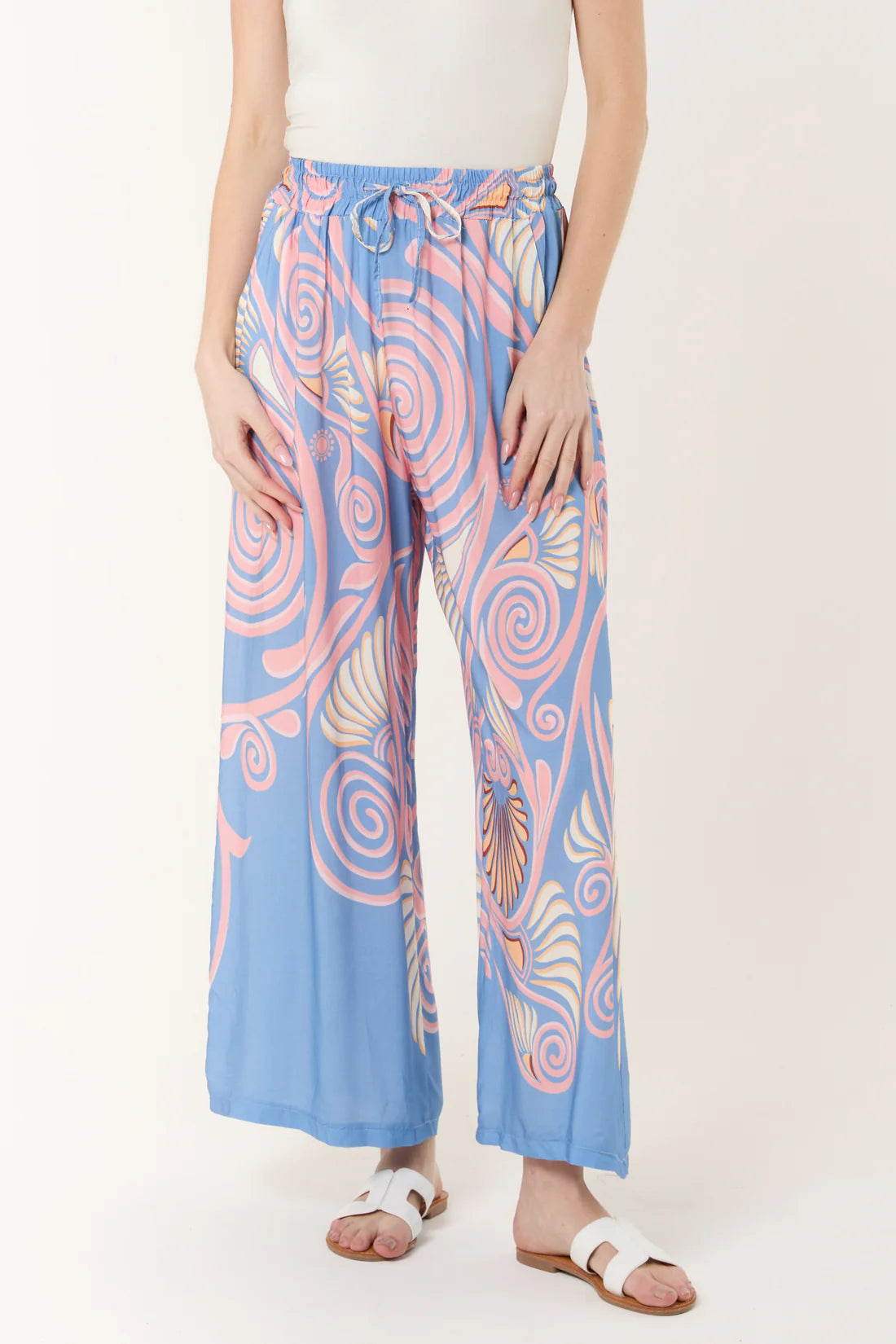 Helene Wide Leg Spiral Print Trousers - Pale Blue Or Navy