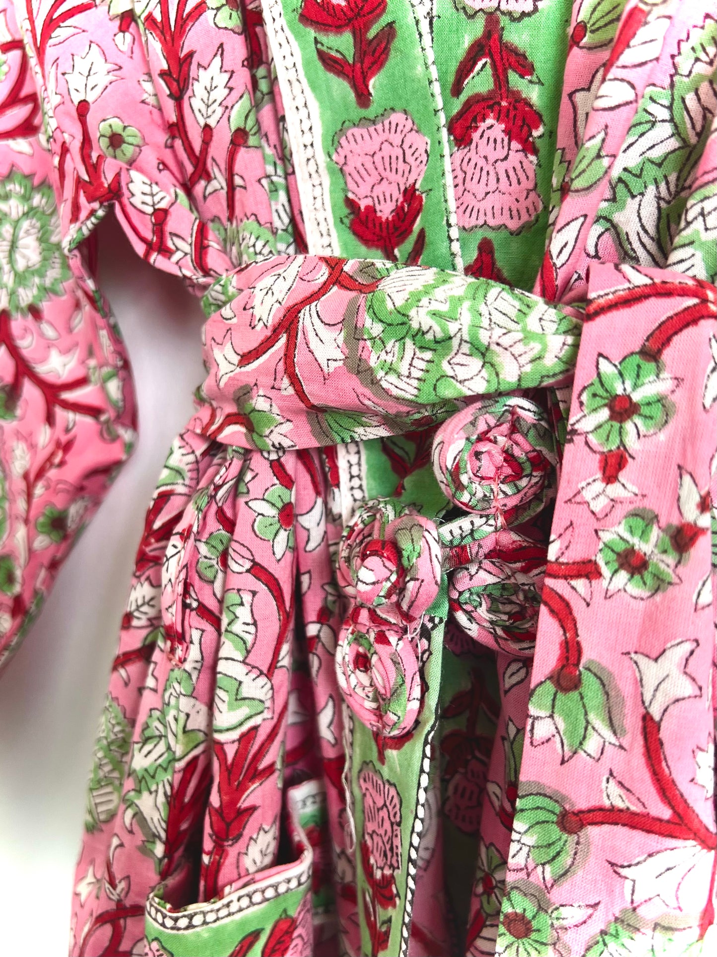 Rosa Hand Block Printed Indian Cotton Dressing Gown Robe - Pink Floral