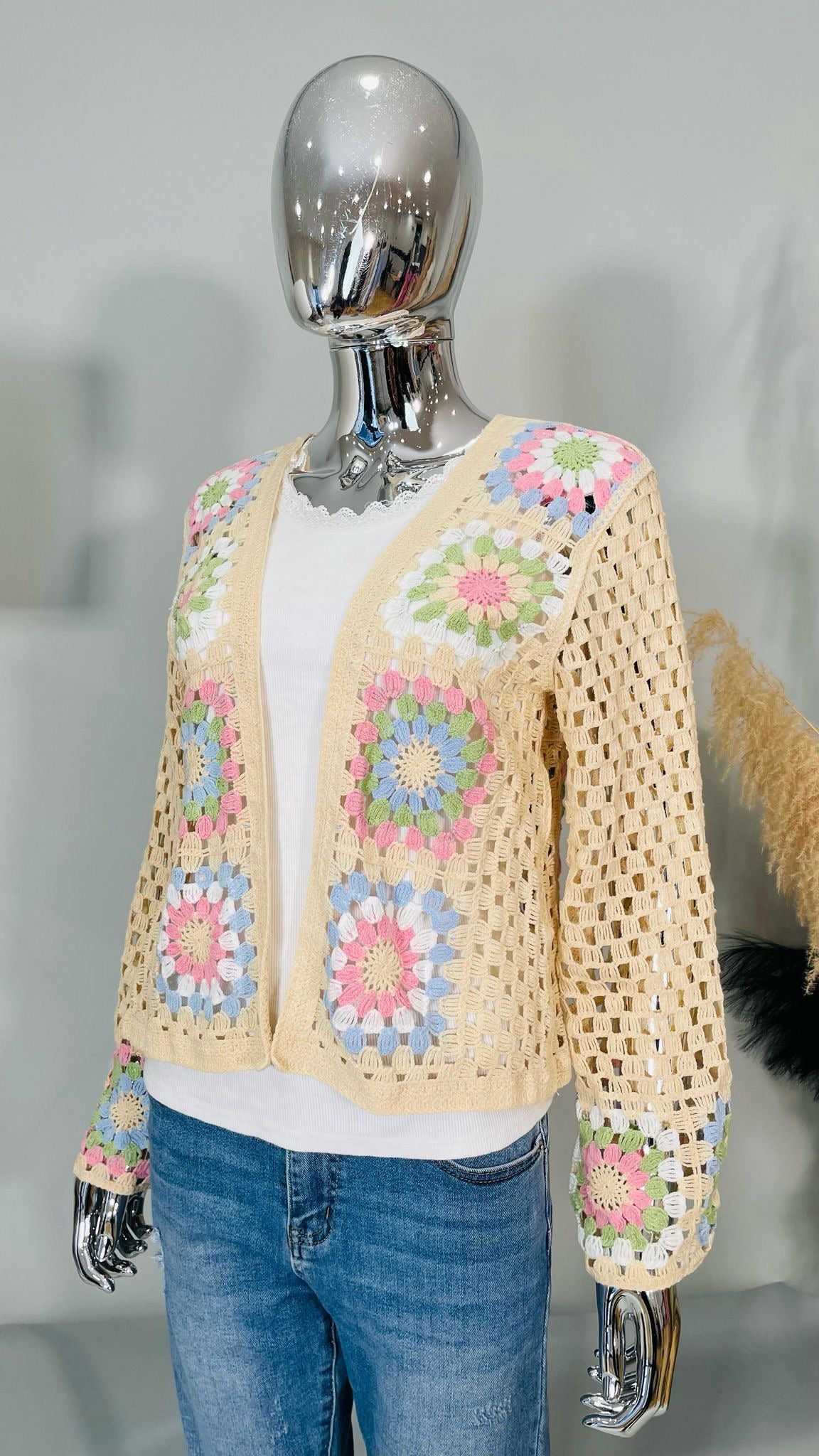 Leyla Long Sleeved Crocheted Cardigan - Beige with Blue, Green & Pink