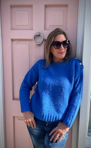 Margot Royal Blue Jumper With Diamante Button Shoulder Detail