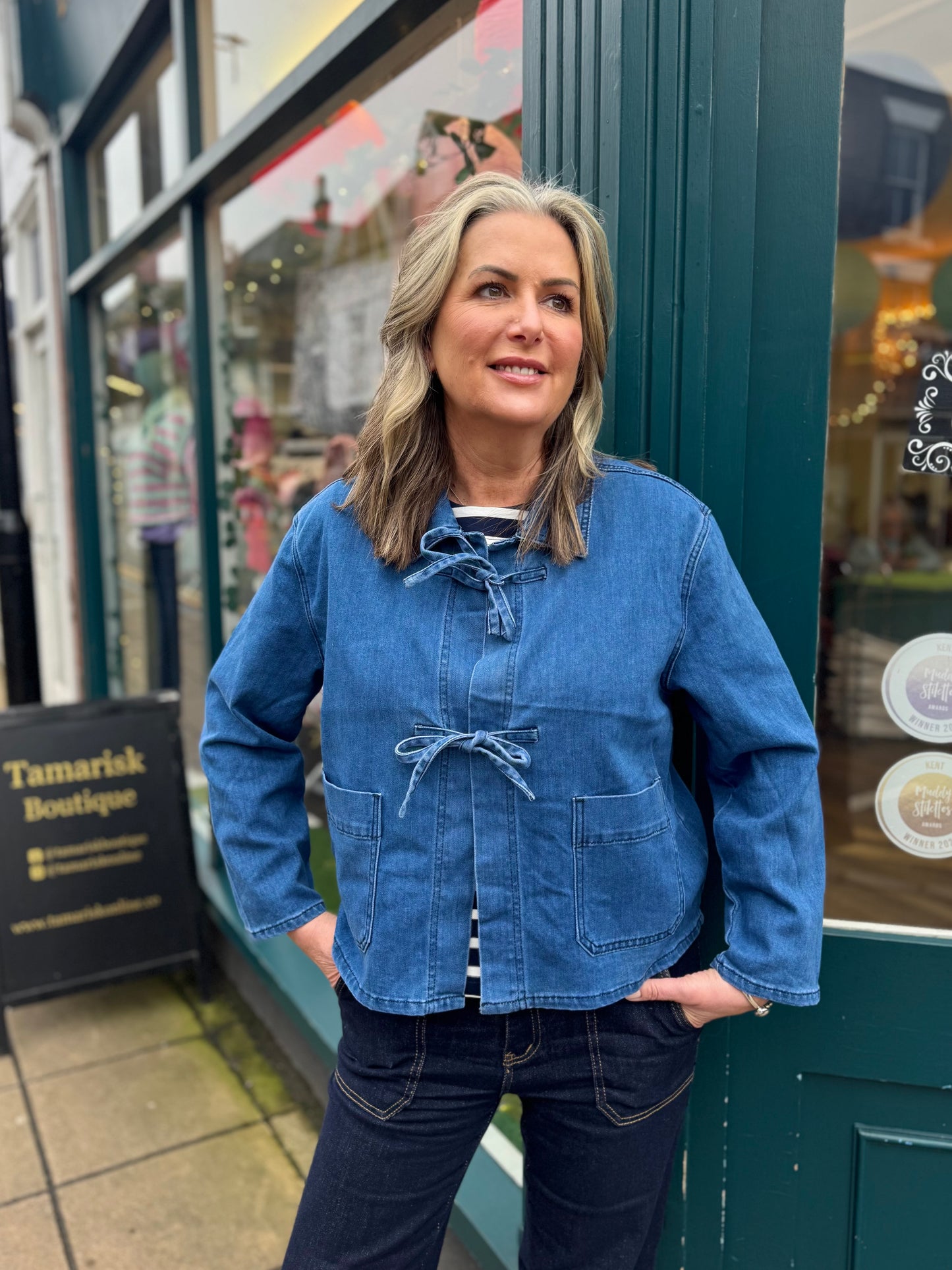 Abigail Bow Tie Stretch Denim Jacket