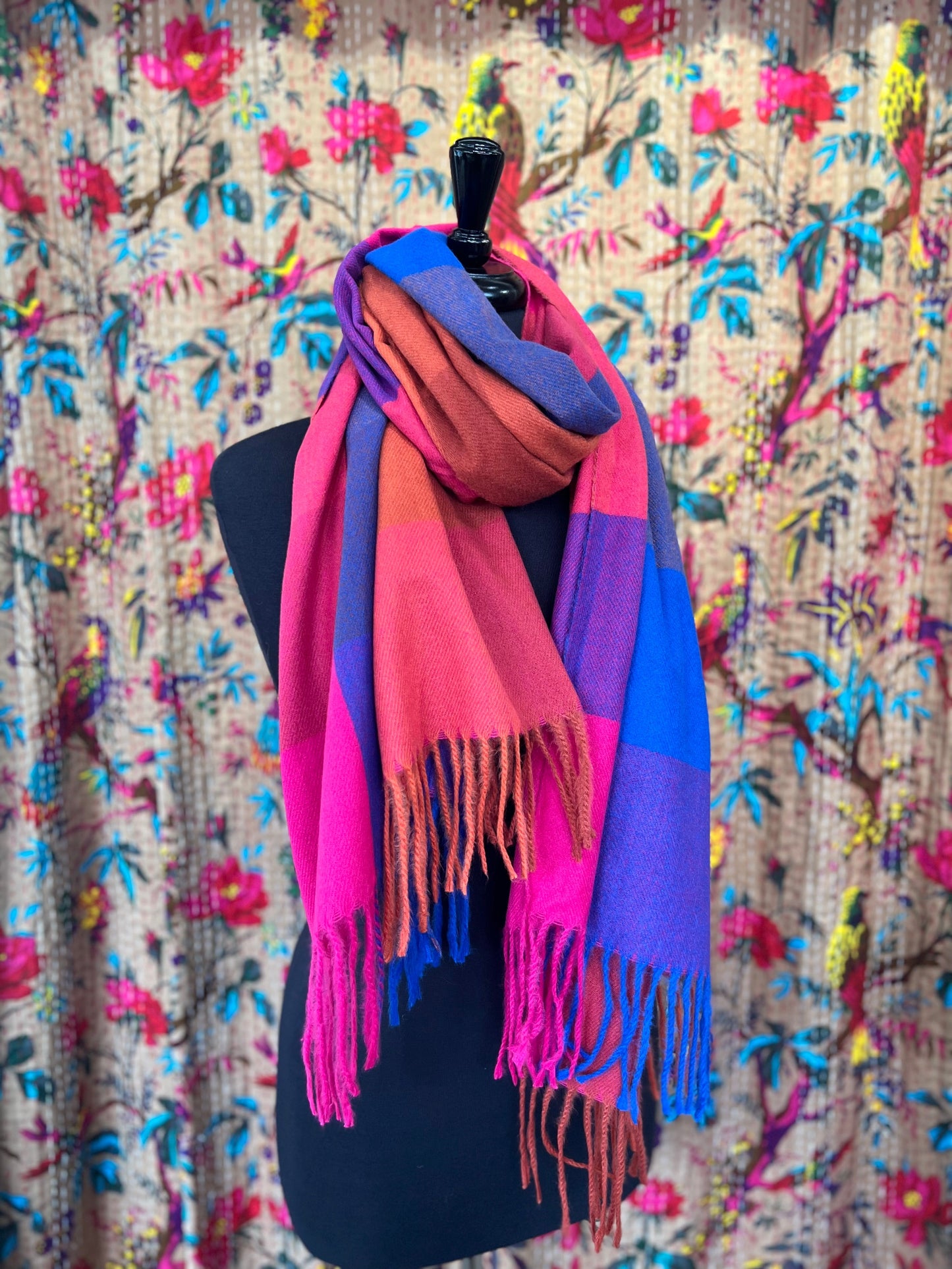 Winter Brights Checked Pashmina Style Scarf - Jewel Pinks, Blues, Purples & Corals