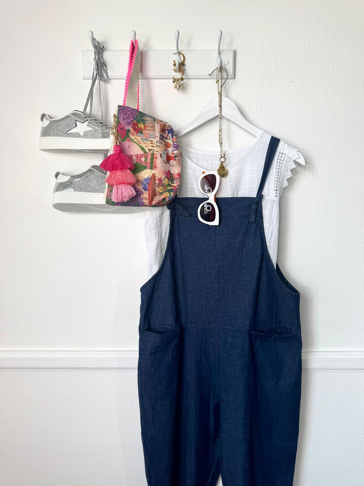 Pippa Denim Wash Cotton Dungarees With Knot Fastening - Dark Or Medium Wash