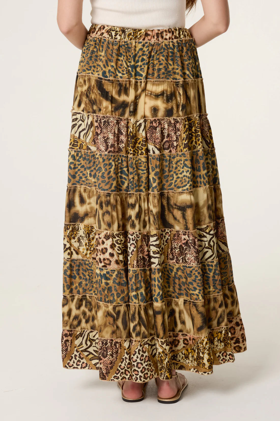 Ginny Boho Leopard Print Tiered Silky Maxi Skirt