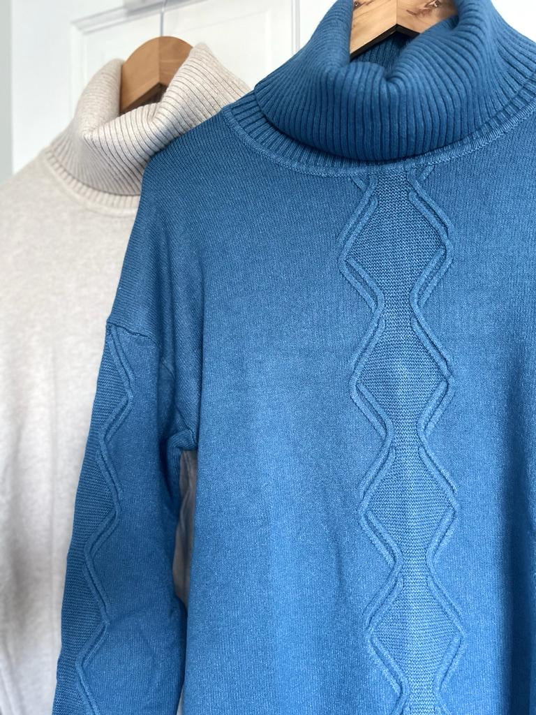 Sandy Soft Central Cable Roll Neck Jumper - Denim Blue or Warm Beige