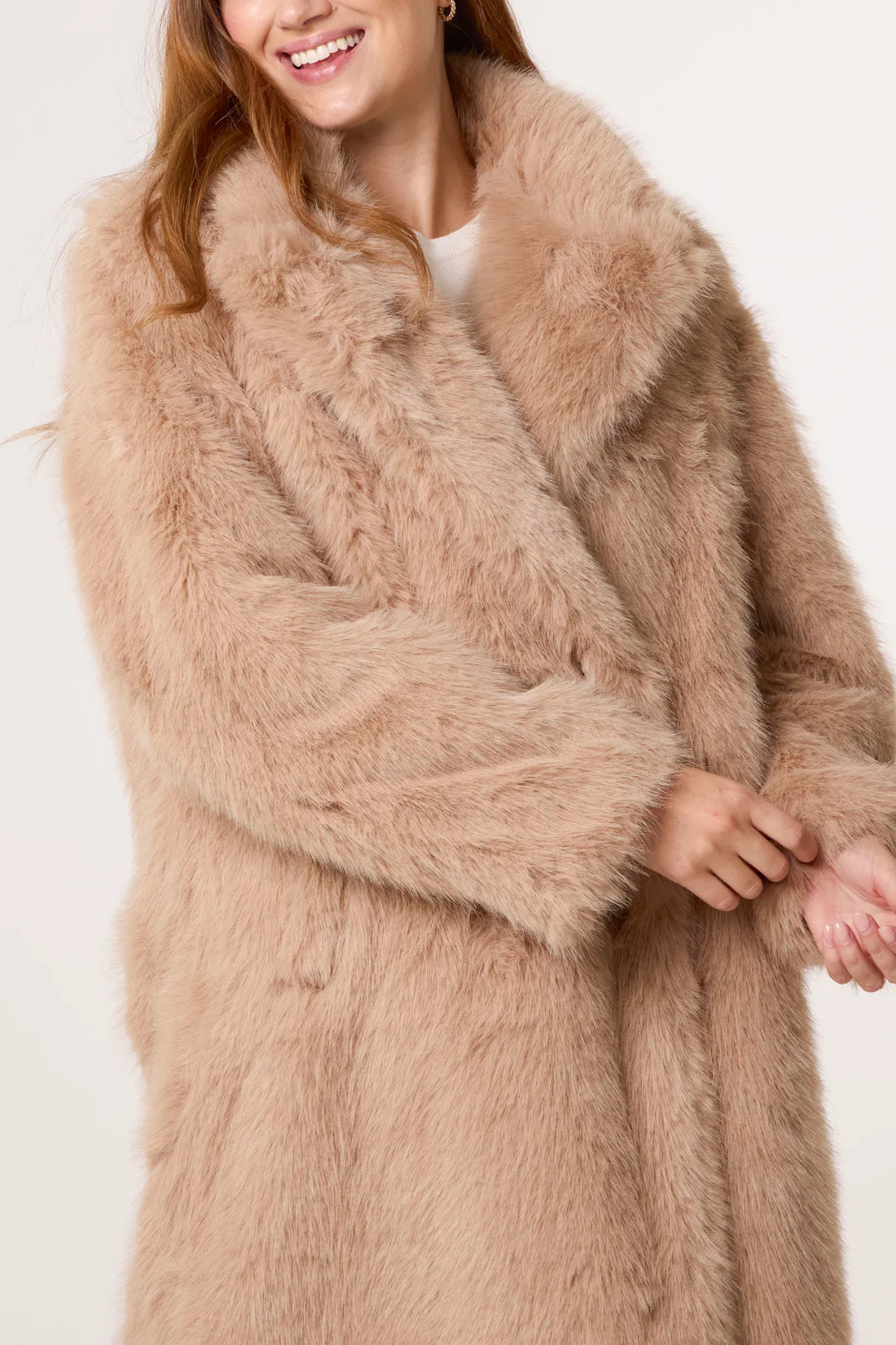Ella Premium Faux Fur Longline Coat - Burgundy Or Warm Beige