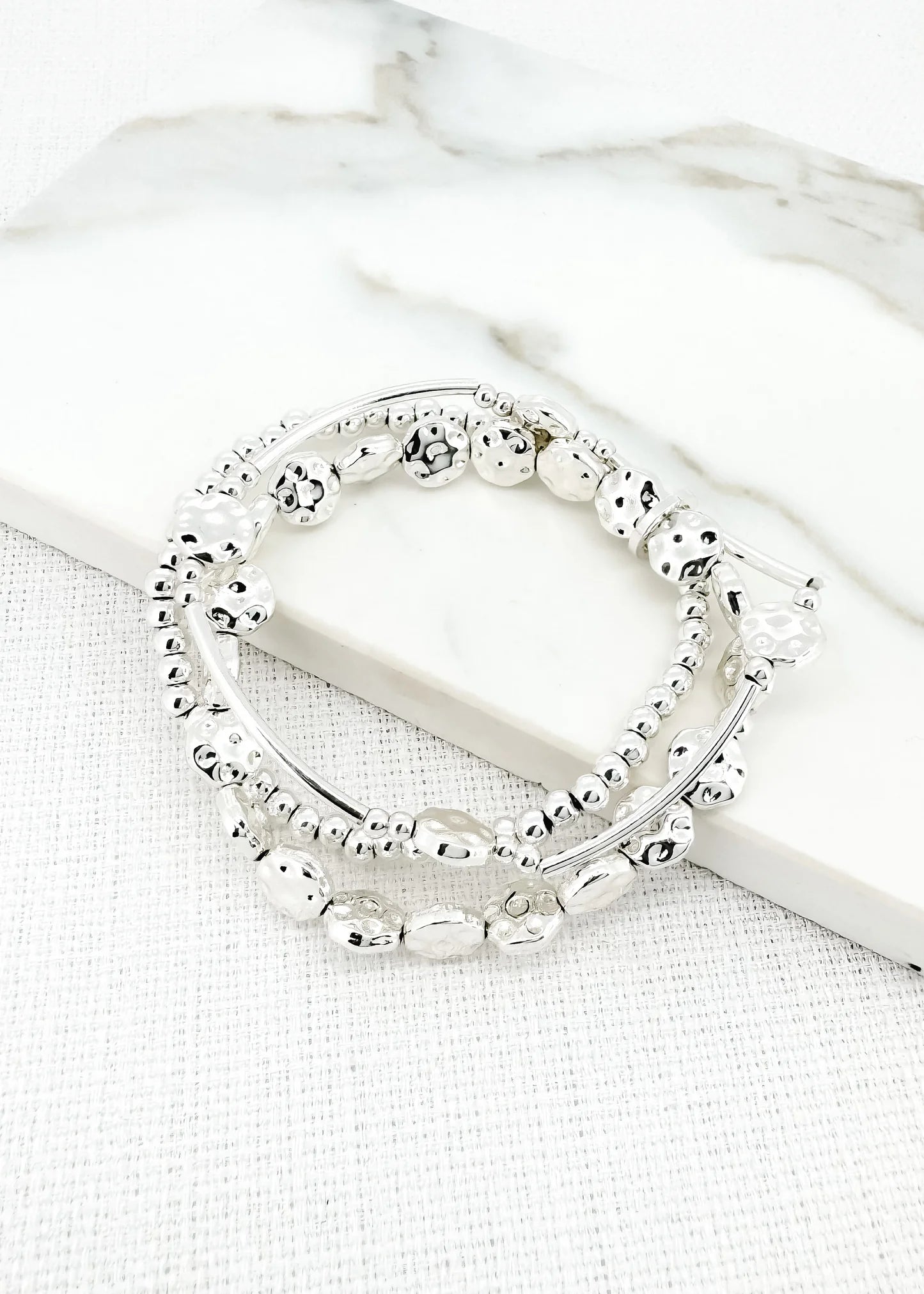 Envy Jewellery Multi-Textured Triple Layer Stretch Bead Bracelet - Silver Or Gold Tones