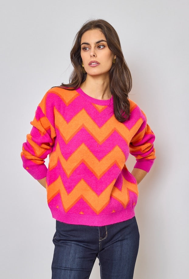 Angela Zig Zag Knit Jumper - Pink & Orange