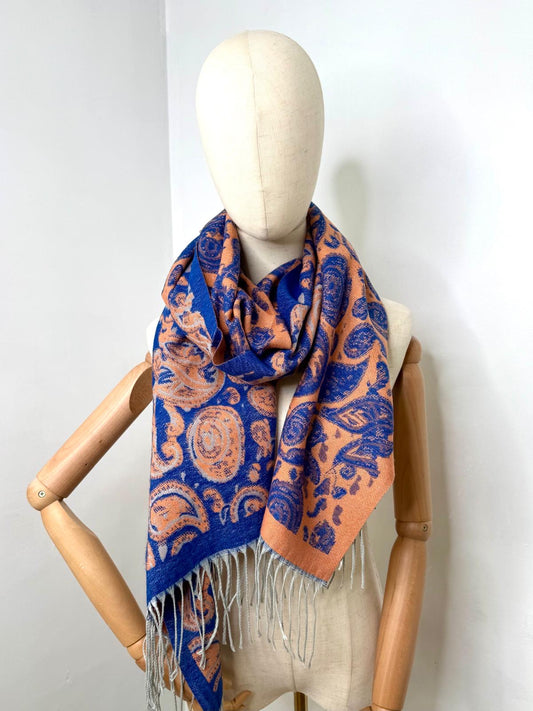 Wool Blend Blue Paisley Pashmina Scarf