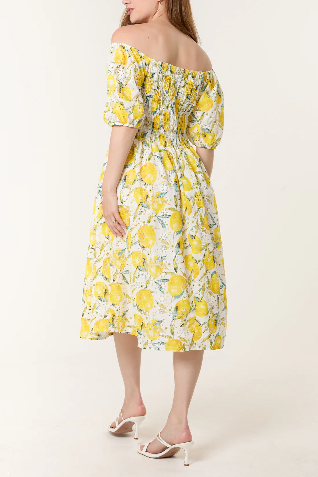 Bree Bardot Neckline Broiderie Anglais Lemon Print Dress