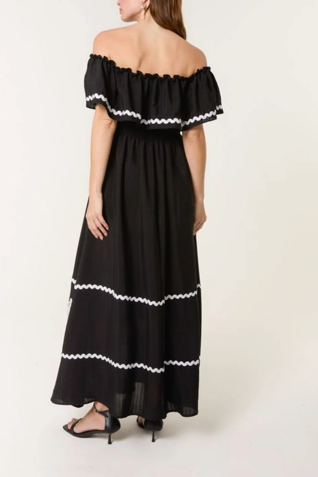 Maria Bardot Neckline Shirred Bodice Black Maxi Dress With White Embroidery & Rik Rak