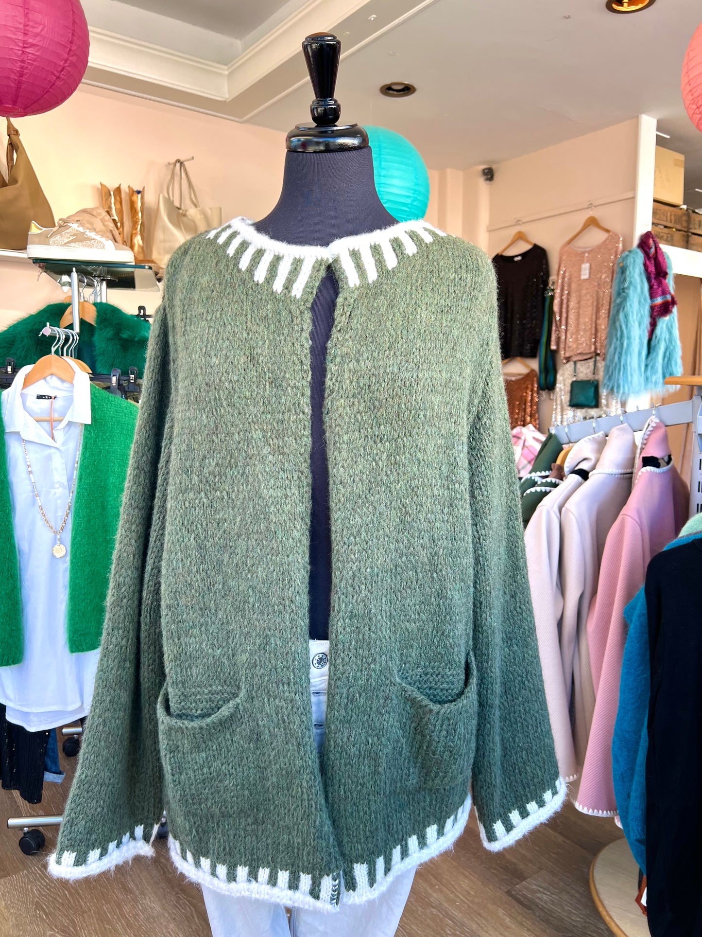 Emilia Contrast Blanket Stitch Round Necked Cardigan - Olive Khaki Green