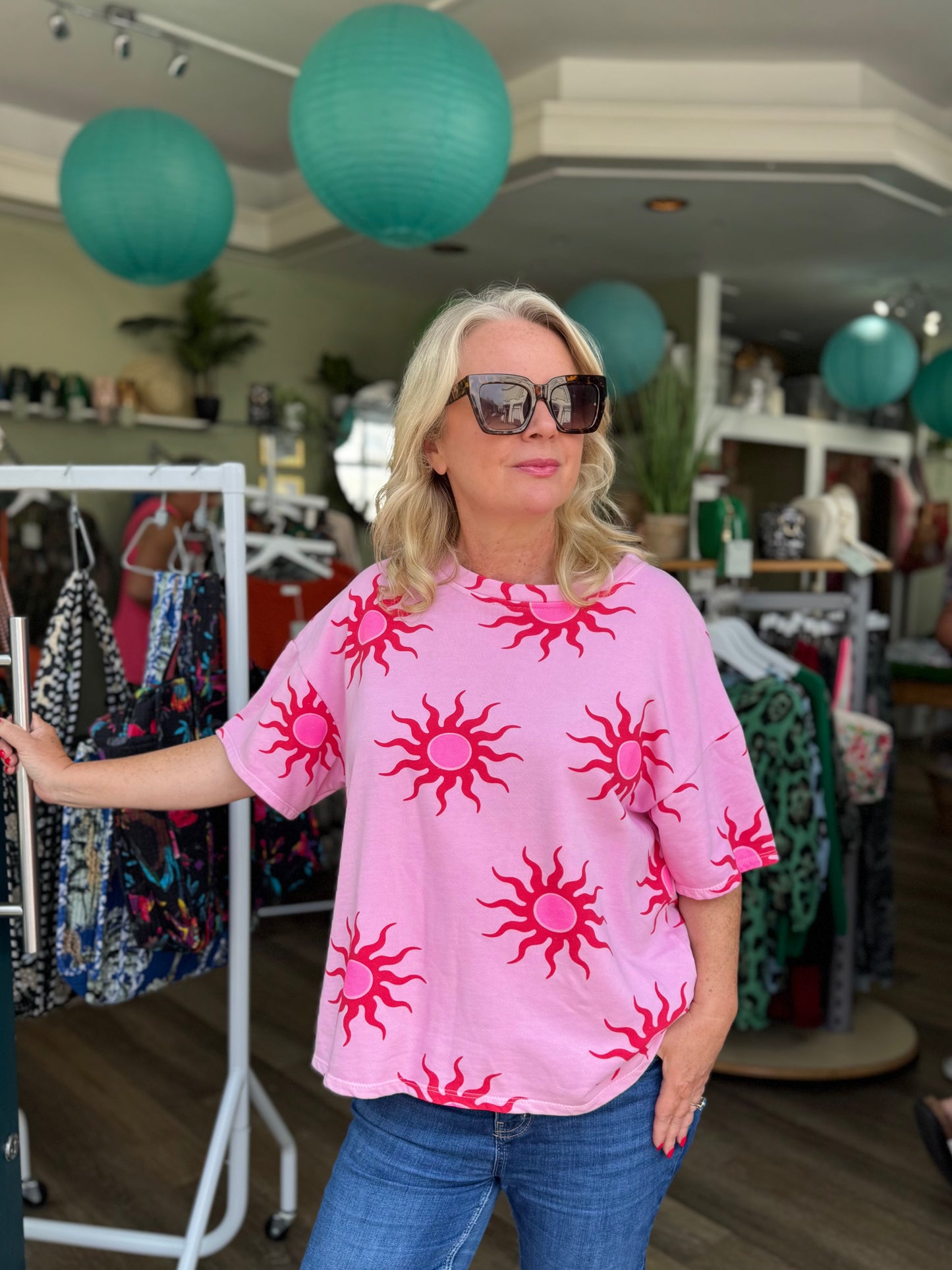 Dorothy Pink & Red Sun Print Short Sleeve Sweatshirt