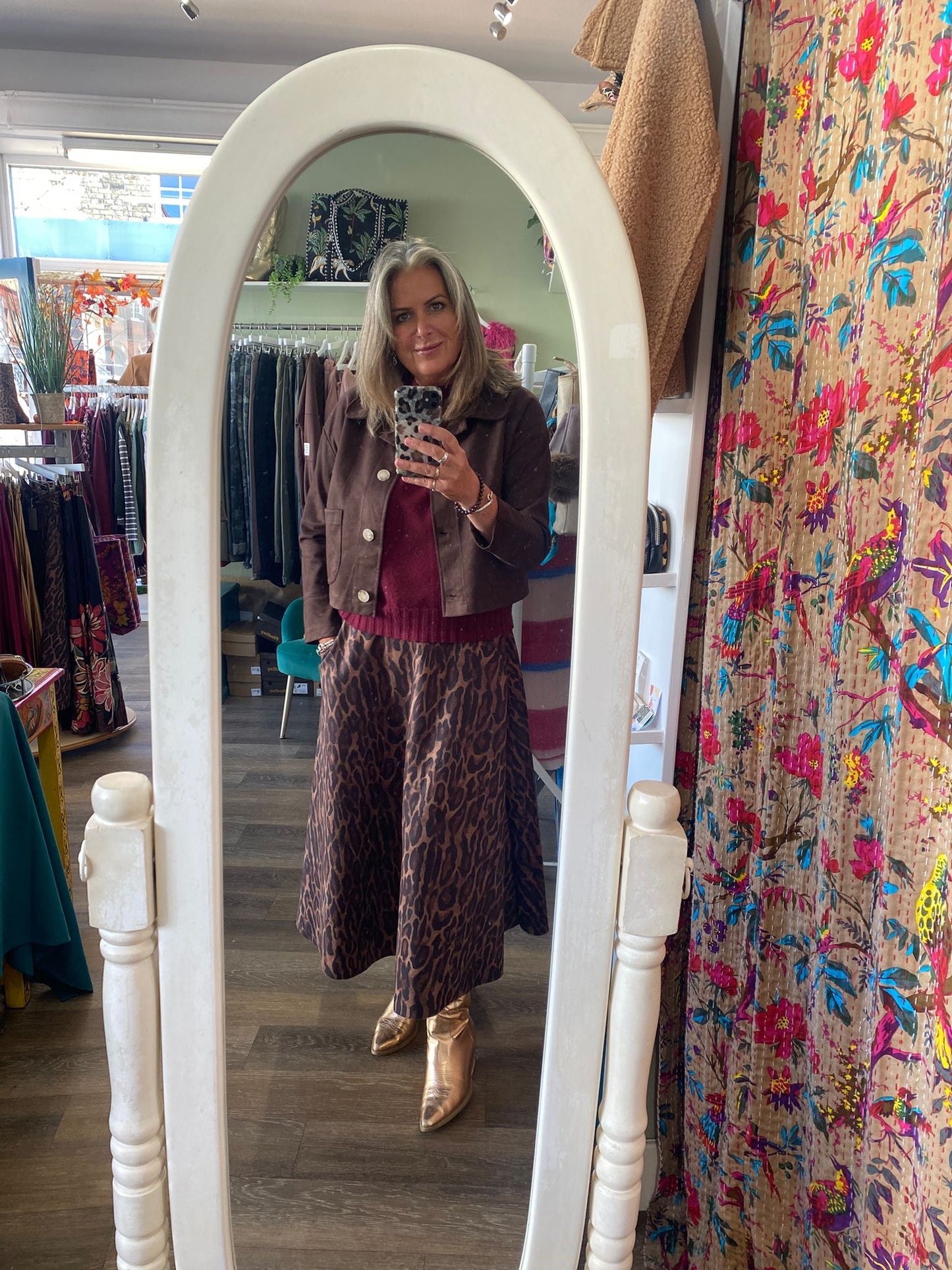 Nicole Midaxi A Line Leopard Print Faux Suede Skirt