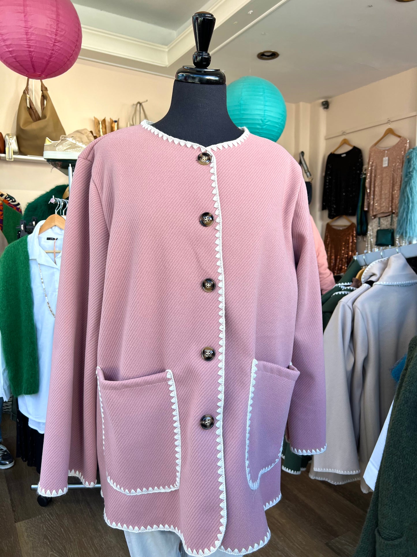 Liselle Contrast Stitch Jacket With Scarf - Blush Pink